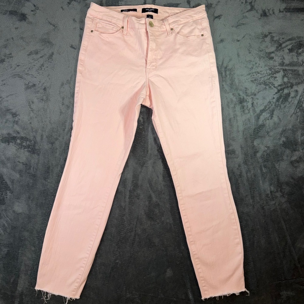 Womens 10 Nine West Jeans Gramercy Skinny Ankle Pink Excellent Raw Hem Denim